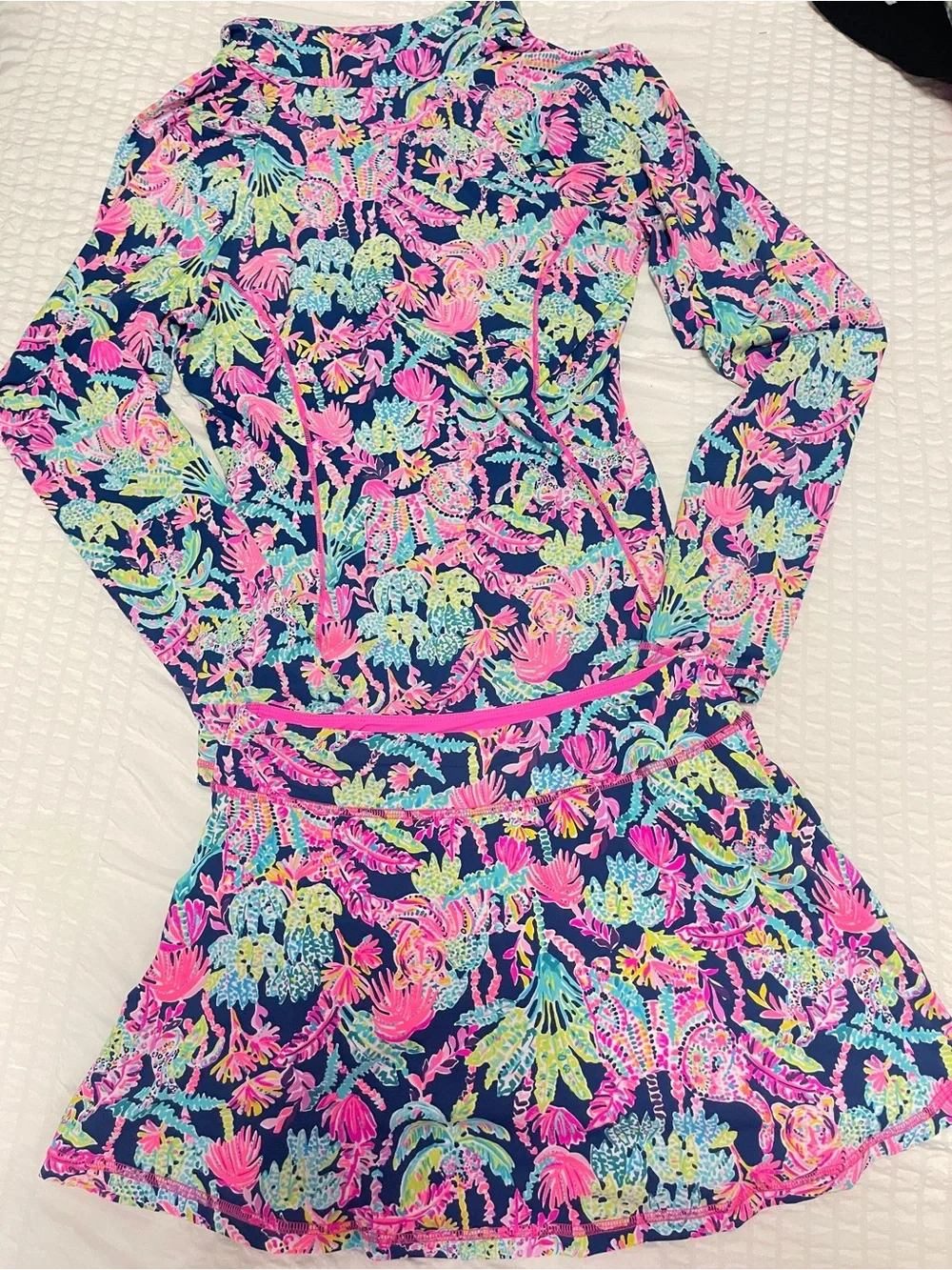 Long-Sleeve Luxletic Set in Navy with Pink & Aqua